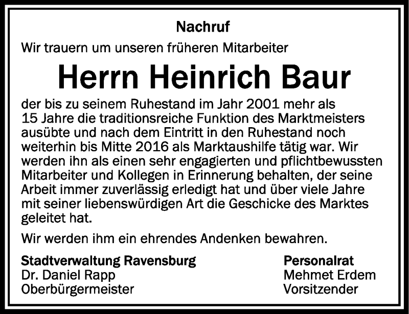  Traueranzeige für Heinrich Baur vom 11.01.2022 aus Schwäbische Zeitung