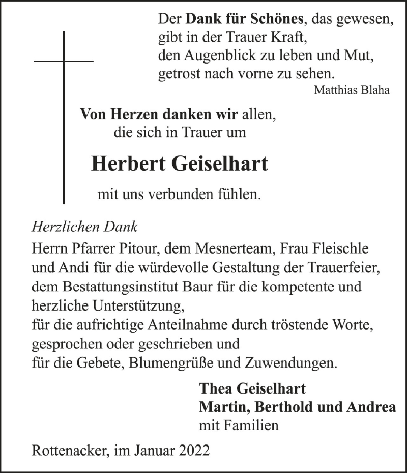  Traueranzeige für Herbert Geiselhart vom 18.01.2022 aus Schwäbische Zeitung