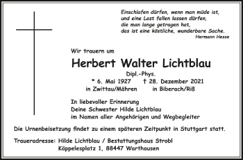 Anzeige von Herbert Walter Lichtblau von Schwäbische Zeitung