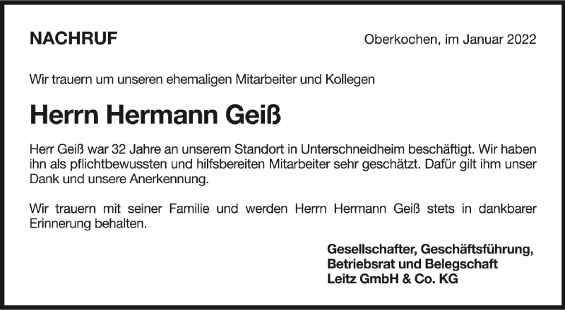  Traueranzeige für Hermann Geiß vom 11.01.2022 aus Schwäbische Zeitung