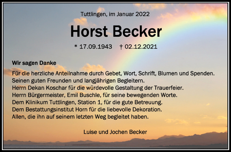  Traueranzeige für Horst Becker vom 05.01.2022 aus Schwäbische Zeitung