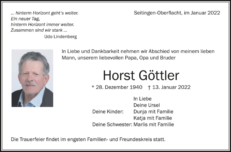  Traueranzeige für Horst Göttler vom 15.01.2022 aus Schwäbische Zeitung
