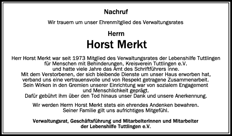 Traueranzeige für Horst Merkt vom 15.01.2022 aus Schwäbische Zeitung