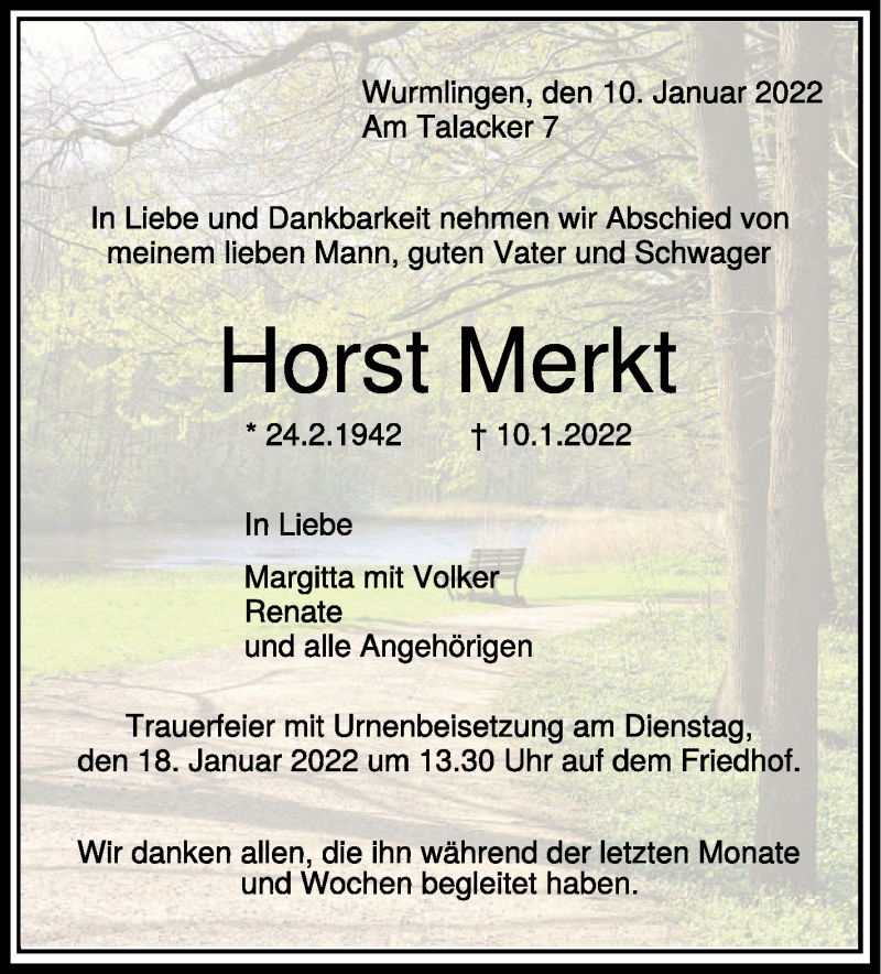 Traueranzeige für Horst Merkt vom 14.01.2022 aus Schwäbische Zeitung