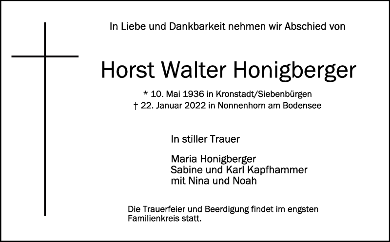  Traueranzeige für Horst Walter Honigberger vom 25.01.2022 aus Schwäbische Zeitung