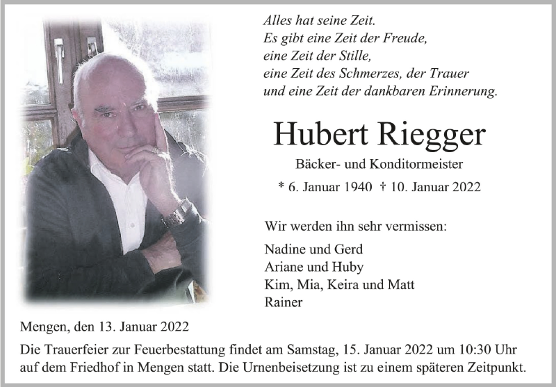  Traueranzeige für Hubert Riegger vom 13.01.2022 aus Schwäbische Zeitung