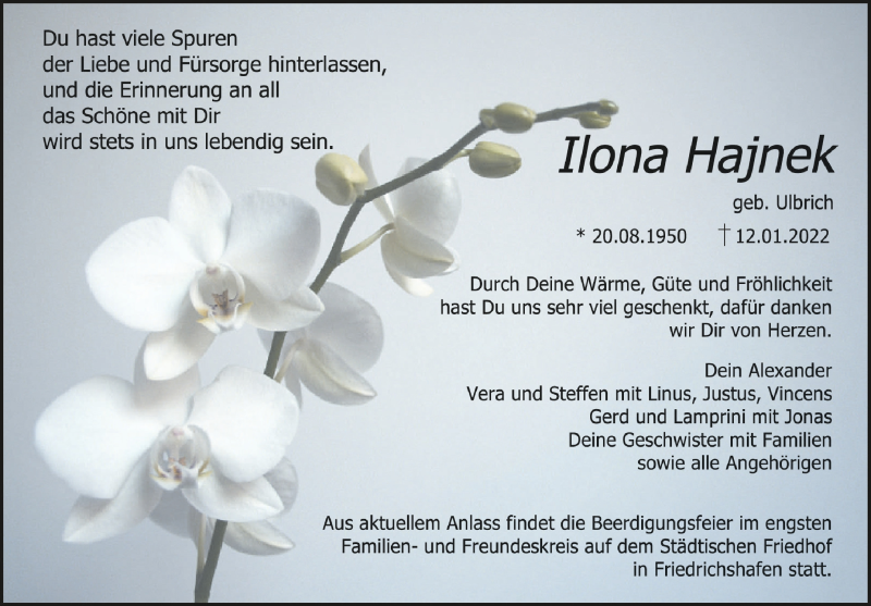  Traueranzeige für Ilona Hajnek vom 14.01.2022 aus Schwäbische Zeitung