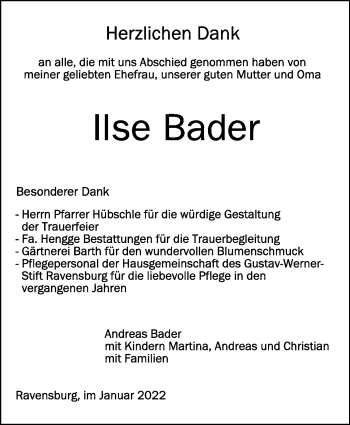 Anzeige von Ilse Bader von Schwäbische Zeitung