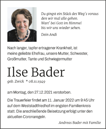 Anzeige von Ilse Bader von Schwäbische Zeitung