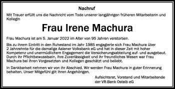 Anzeige von Irene Machura von Schwäbische Zeitung