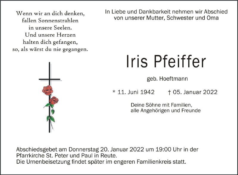  Traueranzeige für Iris Pfeiffer vom 15.01.2022 aus Schwäbische Zeitung