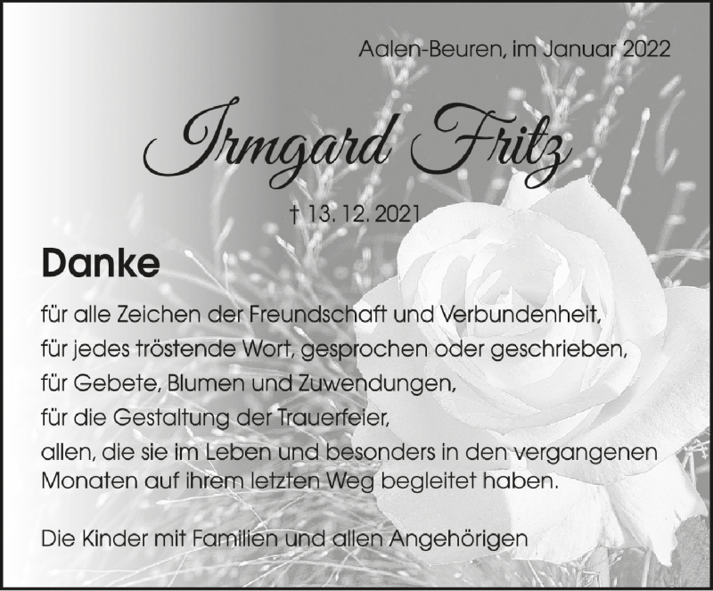  Traueranzeige für Irmgard Fritz vom 21.01.2022 aus Schwäbische Zeitung