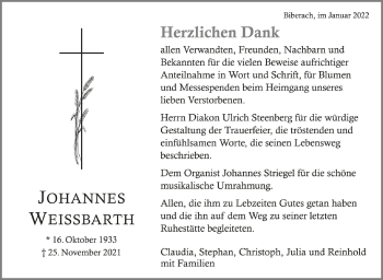 Anzeige von Johannes Weissbarth von Schwäbische Zeitung