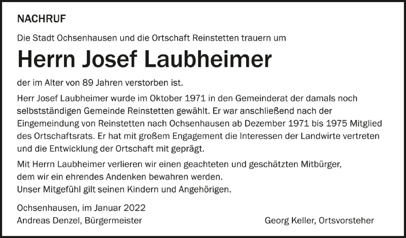  Traueranzeige für Josef Laubheimer vom 20.01.2022 aus Schwäbische Zeitung