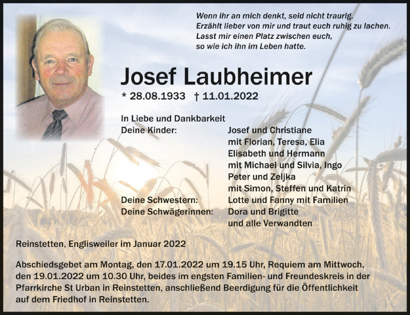  Traueranzeige für Josef Laubheimer vom 15.01.2022 aus Schwäbische Zeitung
