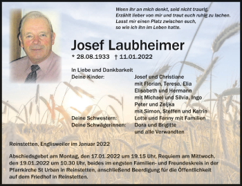 Anzeige von Josef Laubheimer von Schwäbische Zeitung