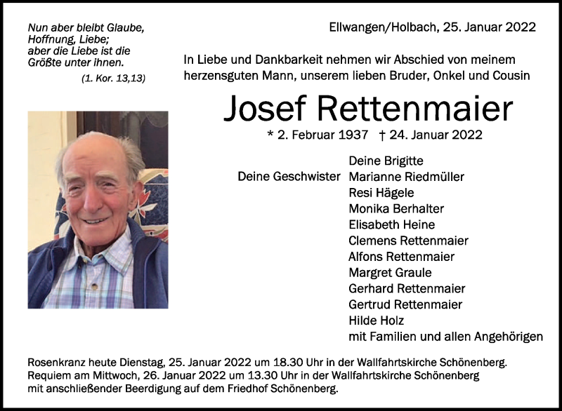  Traueranzeige für Josef Rettenmaier vom 25.01.2022 aus Schwäbische Zeitung