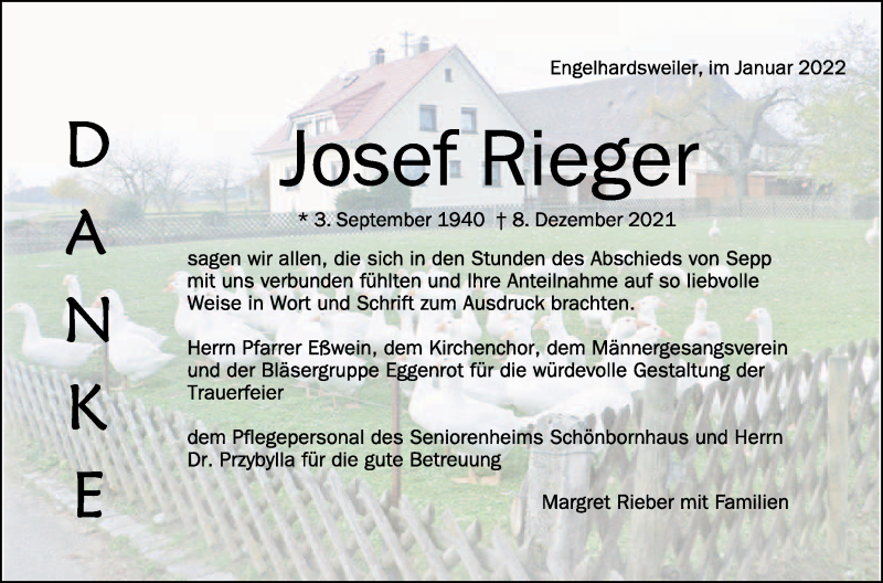  Traueranzeige für Josef Rieger vom 18.01.2022 aus Schwäbische Zeitung