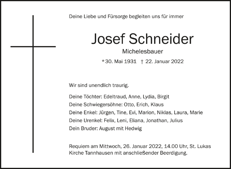  Traueranzeige für Josef Schneider vom 25.01.2022 aus Schwäbische Zeitung