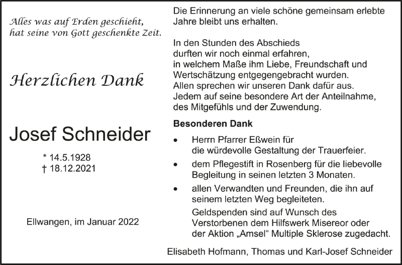  Traueranzeige für Josef Schneider vom 22.01.2022 aus Schwäbische Zeitung