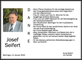 Anzeige von Josef Seifert von Schwäbische Zeitung