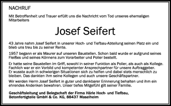 Anzeige von Josef Seifert von Schwäbische Zeitung