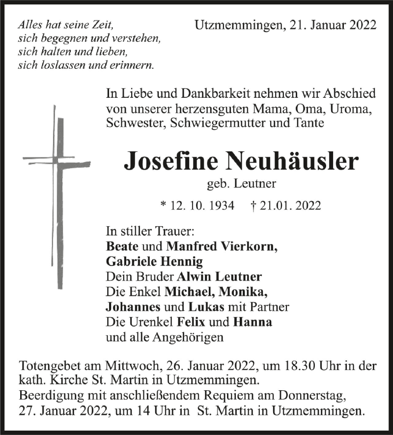  Traueranzeige für Josefine Neuhäusler vom 25.01.2022 aus Schwäbische Zeitung