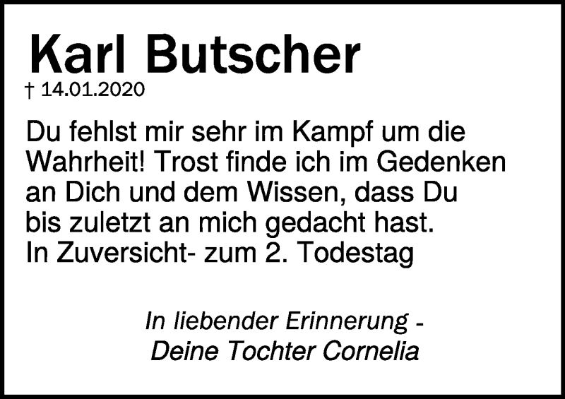  Traueranzeige für Karl Butscher vom 14.01.2022 aus Schwäbische Zeitung