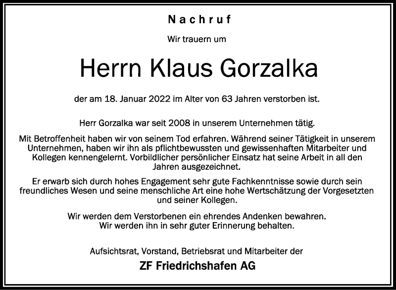  Traueranzeige für Klaus Gorzalka vom 22.01.2022 aus Schwäbische Zeitung