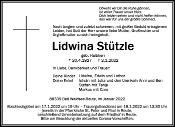 Anzeige von Lidwina Stützle von Schwäbische Zeitung