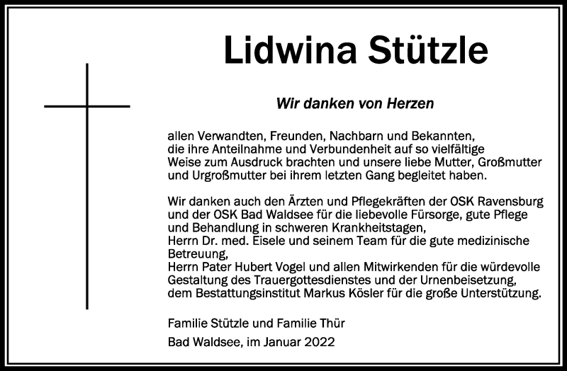  Traueranzeige für Lidwina Stützle vom 28.01.2022 aus Schwäbische Zeitung