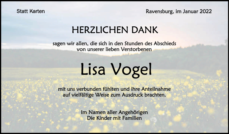  Traueranzeige für Lisa Vogel vom 08.01.2022 aus Schwäbische Zeitung