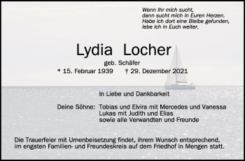 Anzeige von Lydia Locher von Schwäbische Zeitung