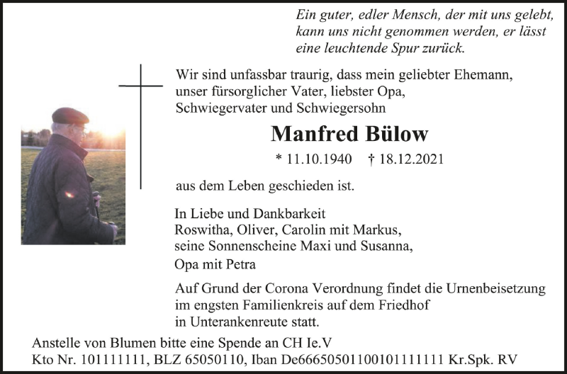  Traueranzeige für Manfred Bülow vom 08.01.2022 aus Schwäbische Zeitung