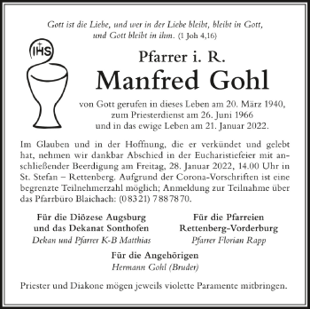 Anzeige von Manfred Gohl von Schwäbische Zeitung