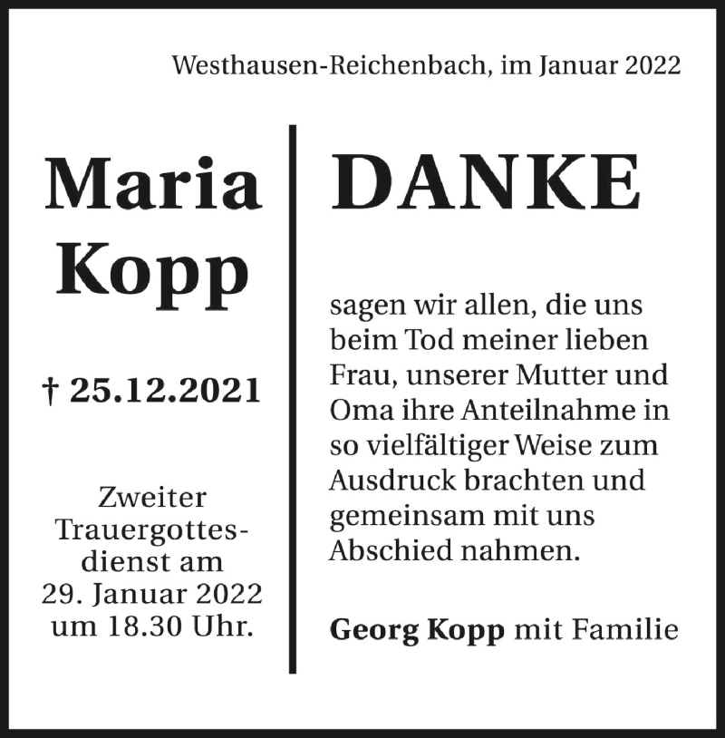  Traueranzeige für Maria Kopp vom 22.01.2022 aus Schwäbische Zeitung