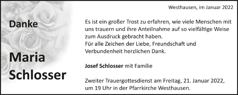  Traueranzeige für Maria Schlosser vom 19.01.2022 aus Schwäbische Zeitung