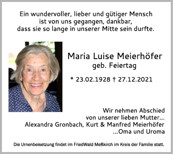 Anzeige von Maria Luise Meierhöfer von Schwäbische Zeitung