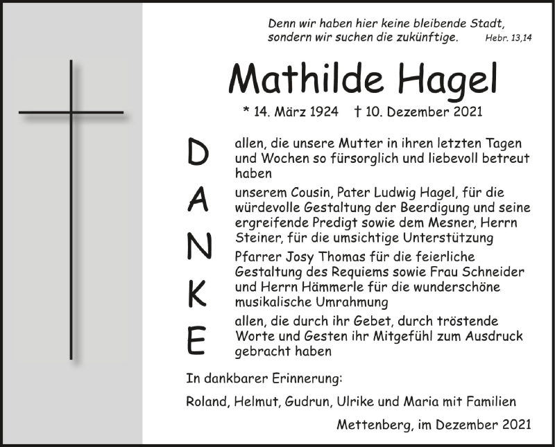  Traueranzeige für Mathilde Hagel vom 08.01.2022 aus Schwäbische Zeitung