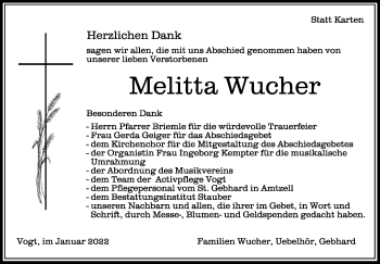 Anzeige von Melitta Wucher von Schwäbische Zeitung