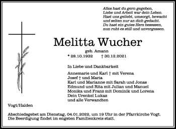 Anzeige von Melitta Wucher von Schwäbische Zeitung