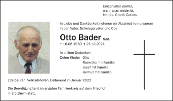 Anzeige von Otto Bader von Schwäbische Zeitung