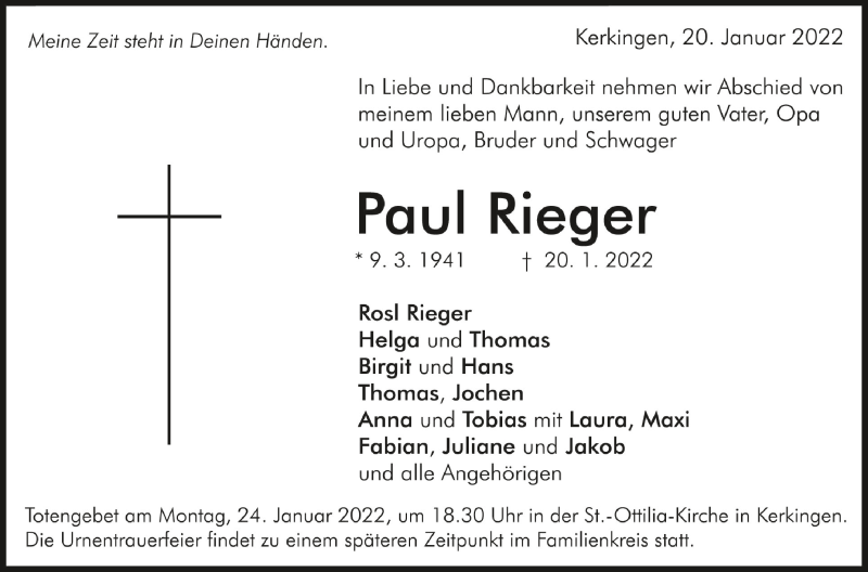  Traueranzeige für Paul Rieger vom 22.01.2022 aus Schwäbische Zeitung