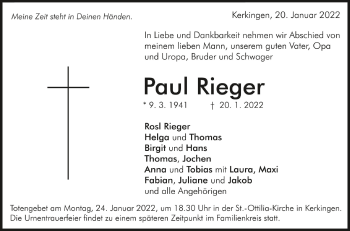 Anzeige von Paul Rieger von Schwäbische Zeitung