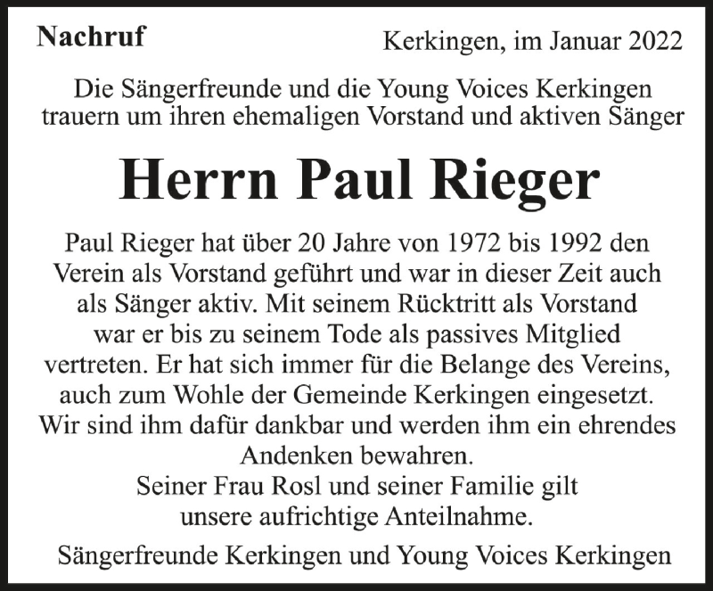  Traueranzeige für Paul Rieger vom 29.01.2022 aus Schwäbische Zeitung