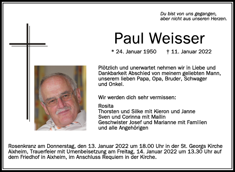  Traueranzeige für Paul Weisser vom 13.01.2022 aus Schwäbische Zeitung