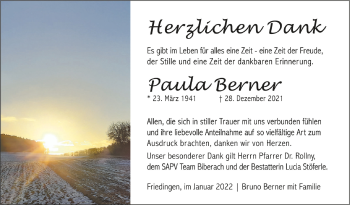 Anzeige von Paula Berner von Schwäbische Zeitung