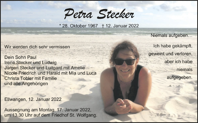  Traueranzeige für Petra Stecker vom 14.01.2022 aus Schwäbische Zeitung