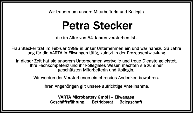  Traueranzeige für Petra Stecker vom 18.01.2022 aus Schwäbische Zeitung