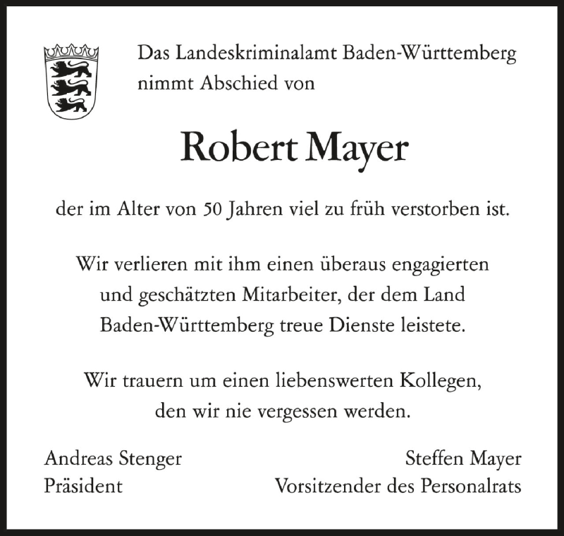 Traueranzeigen Von Robert Mayer Schwaebische De Trauerportal